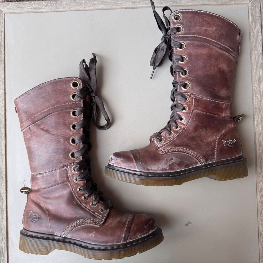 Dr. Martens Triumph Boots Womens Sz 8 Brown Pink Floral Foldover Tall Combat - Picture 7 of 16